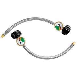 Joywayus 2 mangueras de propano RV de 12 pulgadas con calibre, manguera trenzada de acero inoxidable, conector de mangueras de gas Rv Lp para regulador estándar de dos etapas, 40 libras 250 PSI, accesorios NPT /QCC1