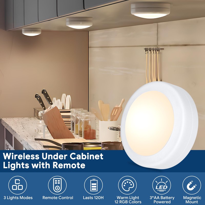 Yiliaw LED Puck Lights with Remote Control, AA Battery Operated,