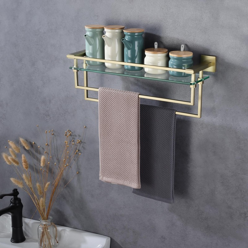 LANC Bathroom Glass Shelf with Towel Bars 20-Inch Floating Tempered