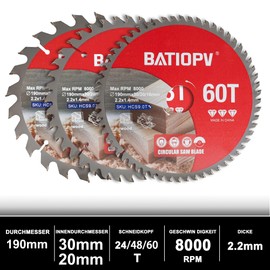 BATIOPV BATIOPV Kreiss?geblatt 190 x 30 mm (24/48/60 Z?hne) 3-teilig (fr Holz, Spanplatten, Sperrholz, Hartholz, usw.) | Kompatibel mit Dewalt Makita Bosch einhell, S?gebl?tter fr Holzschnitte