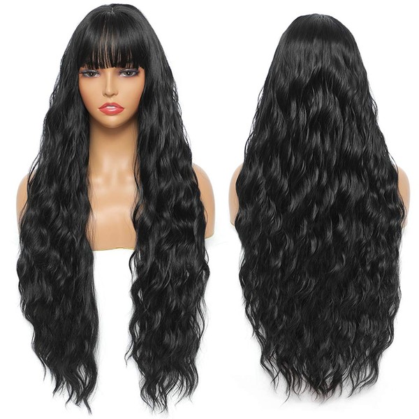 Sylhair Wigs 75 cm Black Wig with Fringe Super Long Water Wave Synthetic Hair Wigs with Fringes Wavy Long Wigs with Bangs Wigs for Women Synthetic Fibre Black Wigs for Women