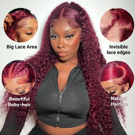 99j Burgundy Deep Wave Lace Front Wigs Human Hair 200 Density 13x6 HD Lace Frontal Wigs Pre Plucked Deep Curly Glueless Wigs Human Hair with Baby Hair for Women Red Color 32 Inch