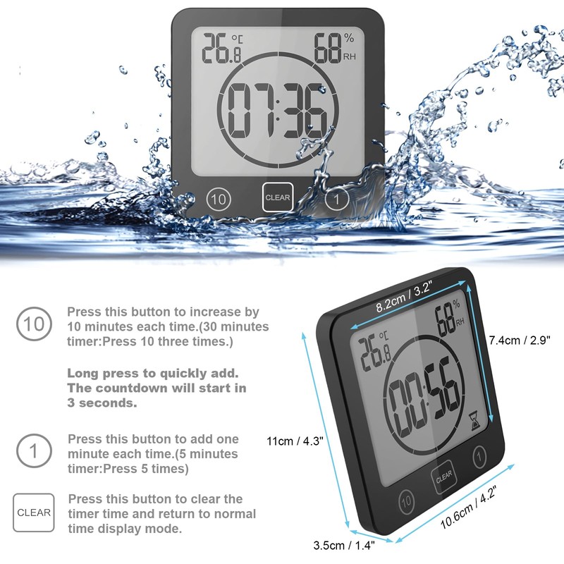 YiChZhe Bathroom Alarm Clock Bath Timer Waterproof Digital Bathroom Clock