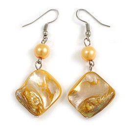 Antique Yellow Shell Bead Drop Earrings In Silver Tone - 60mm Long
