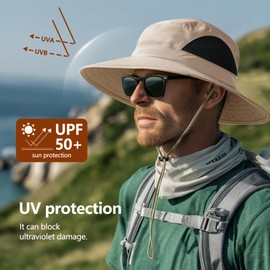 J.Fée Unisex Sun Hats for Men Women's Sun Hats UPF50+ Wide Brim Foldable Waterproof with Chin Strap, Summer Hat for Fishsing Hiking Walking Gardening, 55-60CM, Beige