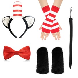 Cat Costume Set Dr Suess Cosplay Party Costume,5 Pack Including Cat Ears with Hat Headband and Bow Tie Set Red and White Stripes Gloves Bowtie Long Tail,Fuzzy Boot Cuff Cover Book Character for Party