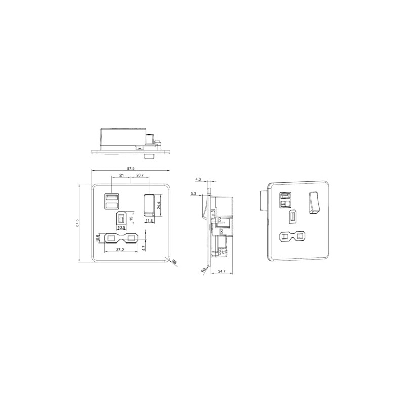 Screwless Single Switched Socket with Dual USB Charger in Polished
