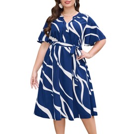 Keluummi Plus Size Summer Midi Dresses for Curvy Women, Casual Floral V Neck Empire Waist A Line Dress with Sleeve and Pocket(22 Plus, 02 - Blue Stripe)