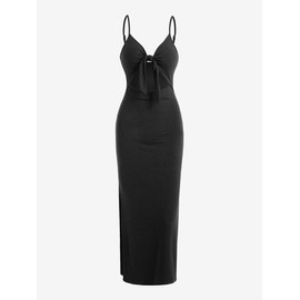 Women's Plain Cut Out Knot Front Split Thigh Bodycon Dress, Summer Clothes Women, Solid Cami Dress, Birthday Dresses, Ladies Casual Summer Evening Party Nightclub Dress, Vacation Dresses - Color: Black, Size: S