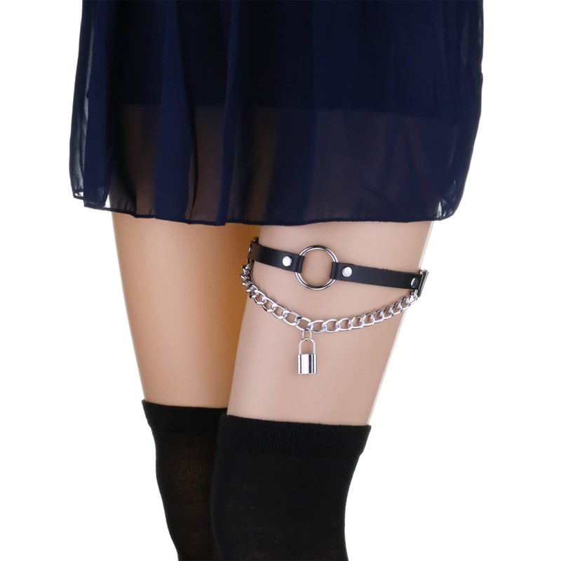 alisikee O-ring Leg Garter with Key Chains, Elastic Punk Thigh