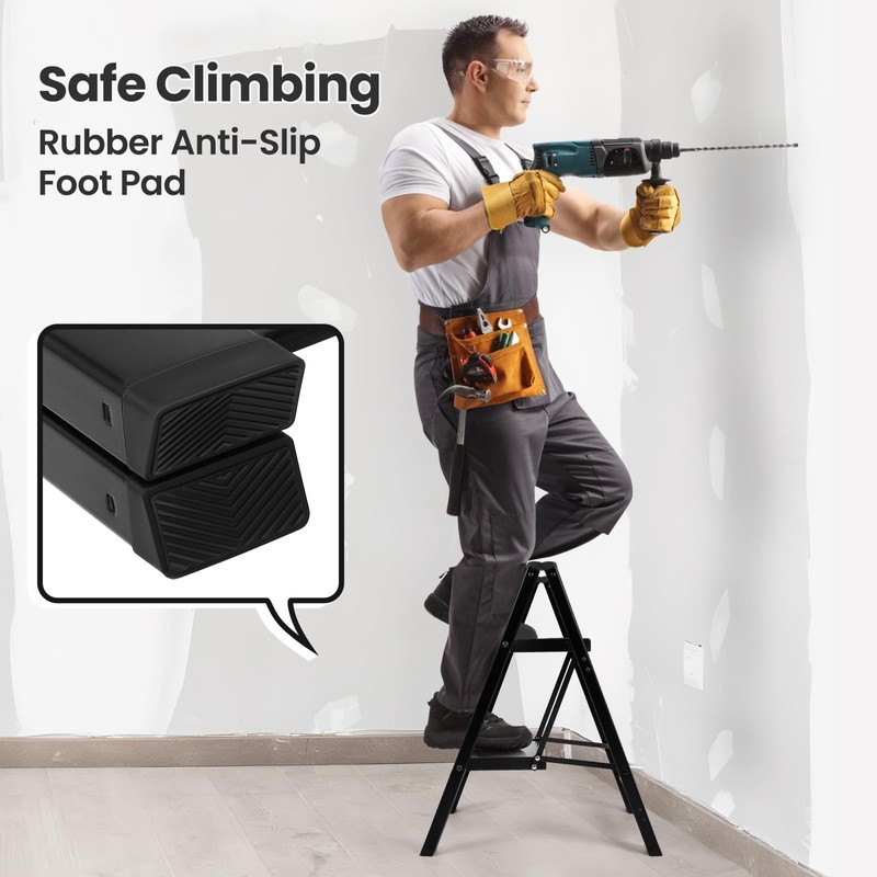 FAHKNS Black 2 Step Ladder, Aluminum Light Folding 2 Step