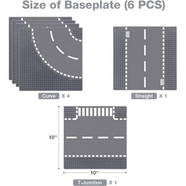 Lekebaby 6 Pack Road Base Plates, 10"x10" City Street Plates Compatible with All Major Brands, 4 Curved/1 Straight/1 T-Junction