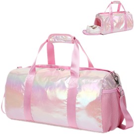 Children's Travel Bag Kids Girls Yoga Bag Ballet Bag Sports Bag with Shoe Compartment and Wet Compartment, Laser Pink