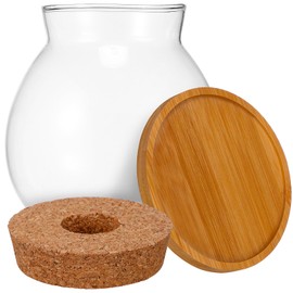 POPETPOP Fish Bowl - Round Small Fish Tank with Wood Stopper & Bamboo Mat, 5.11 X 5.50 Inch Glass Betta Fish Tank, Multipurpose Clear Fish Aquarium for Succulent Plants, Hydroponic Air Plant