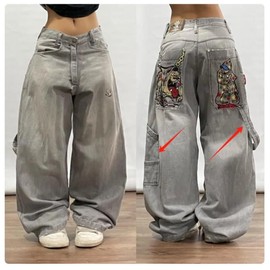 Men's and Women's Y2K Hip-hop Street Jeans Skeleton Print Gothic Loose Jeans Retro high Waisted Denim Wide Leg Pants (01,Medium)