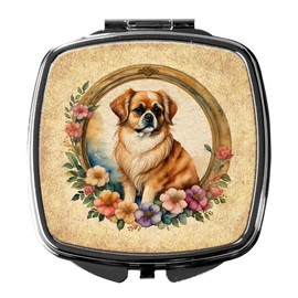 Caroline's Treasures Tibetan Spaniel and Flowers Compact Mirror Decorative Travel Makeup Mirror for Women Girls Gifts Pocket Makeup Mirror Folding Handheld