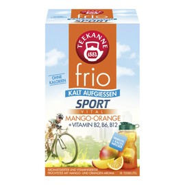 Teekanne frio 4er Eistee-Sport Mix - mit den neuen Sorten Classic Eistee Zitrone und Pfirsich, Sport Apfel-Zitrone und Mango-Orange mit Vitaminen (4 x 45g)