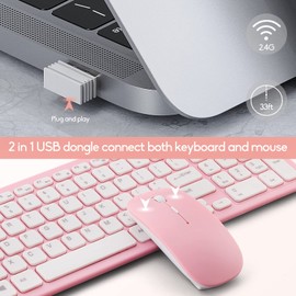 Wireless Keyboard and Mouse Combo, Compact Quiet Wireless Keyboard and Mouse Set 2.4G Ultra-Thin Sleek Design for Windows, Computer, Desktop, PC, Notebook, Laptop (Pink)