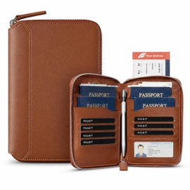 VULKIT Cartera de cuero para pasaporte de 4 a 8 pasaportes familiares con cremallera, organizador de documentos de viaje para hombres o mujeres, Espresso, Minimalista