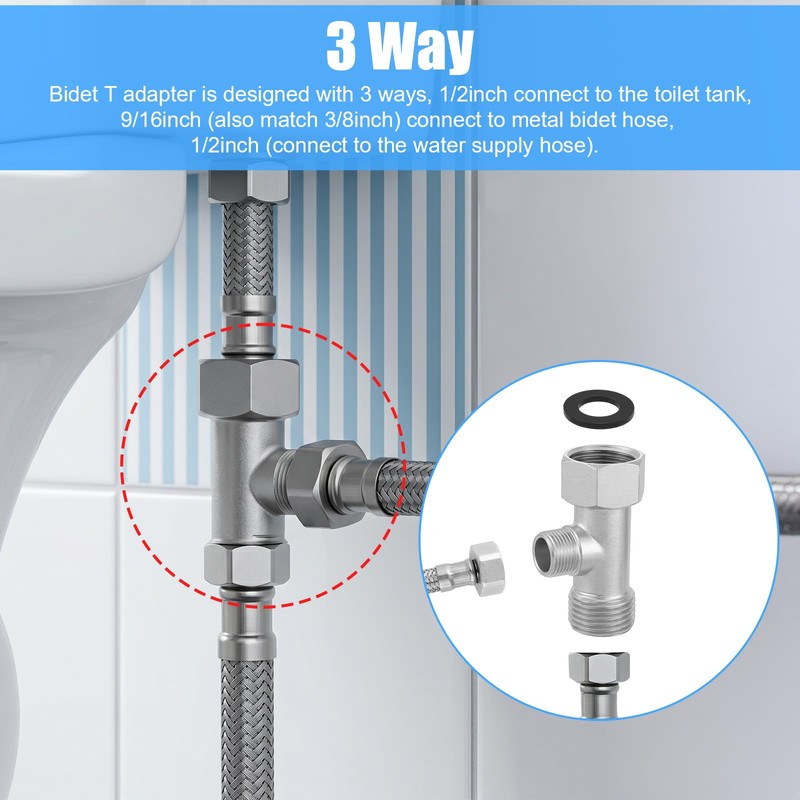 Bidet T Adapter, 3-Way Fitting Adapter (Thread Size 1/2″ x
