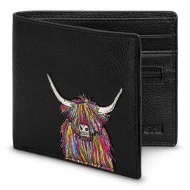 Yoshi Highland Cow Rainbow Black Wallet, Mens Leather Wallet, RFID Wallet, Black Leather Wallet