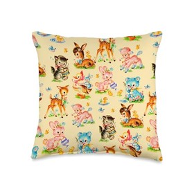 Vintage Baby Animals Retro Nursery Animals Dollette Yellow Throw Pillow