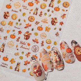 Fall Nail Art Stickers 5D Embossed Maple Leaf Squirrel Nail Decals 1PCS Falling Leaves Pumpkin Pinecone Autumn Nails Design Engraved Fall Stickers for Thanksgiving Day DIY Manicure Nail Art Decoration