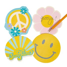 Fun Express Groovy Party Sticky Notes Set - Fun Flower, Smiley Face, Sunshine & Peace Sign Designs - Perfect for Reminders & Celebrations - 12-Pieces