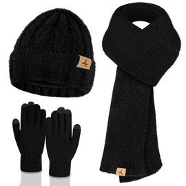 Winter Beanie Hat Scarf Gloves, Warm Fleece Knit Hat Long Scarf Neck Warmer Touch Screen Winter Gloves Set Gifts for Women Black
