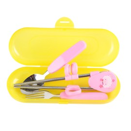3Pcs/Set Stainless Steel Spoon Fork Chopsticks Child Cutlery Kids Training Tableware (Pink)