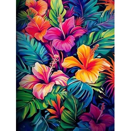 YUINJP Colorful Hibiscus and Tropical Flowers 5D Diamond Painting Kits for Adults Beginners Floral Round Full Drill Diamond Art, DIY Paint by Diamonds Dots Art Kits, Home Wall Decor 30x40cm