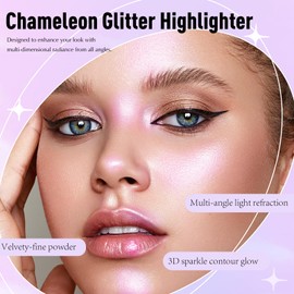 Wugbc Pink Highlighter Makeup Face Glitter Eyeshadow, Diamond iluminadores de maquillaje Holographic Chameleon Chrome Color Shift Shimmer Eyes Highlighter Customizable Luminous Palette
