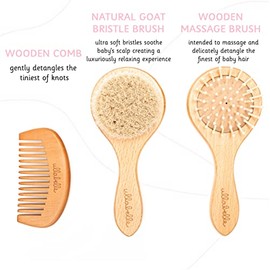 Ullabelle 3 Piece Wooden Baby Hair Brush and Comb Set for Newborns & Toddlers in Chic Gift Box - Ultra Soft Natural Goat Hair and Wood Baby Brush Set 