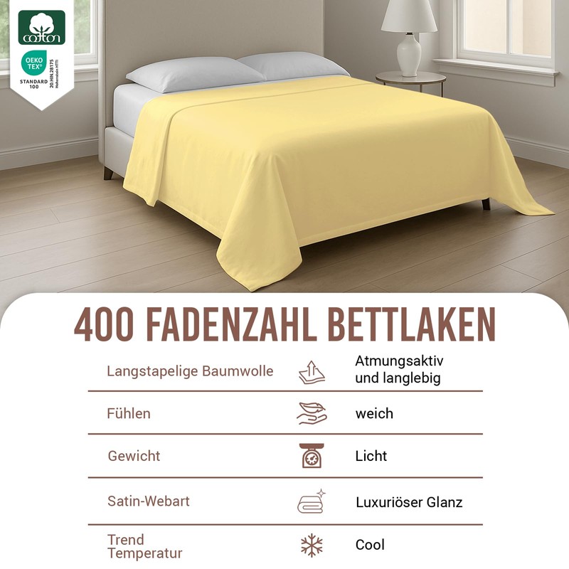 Mild Yellow Bed Sheet 180 x 280 cm Cotton, 400