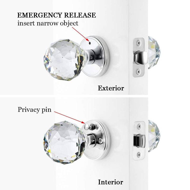 CLCTK Crystal Glass Door Knobs Interior with Lock, Round Bathroom