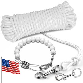 Lainballow 50 Ft Flag Pole Rope Kit, Halyard Flag Rope with 1 Pcs Flag Pole Retainer Rings, 2 Pcs 3.5'' Swivel Snap Hook, Nylon Flag Pole Rope Repair Replacement Parts Accessories, White