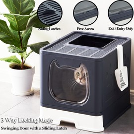 Vealind Foldable Cat Litter Box with Lid for Small and Medium Cats, Top Entry Kitten Litter Potty for Growing Cats, Drawer Type with Front Door Kitty Litter Tray (Black)