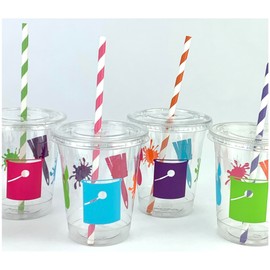 Paint Party Supplies Plastic Disposable Cup Set with Lids & Straws, Set of 12
