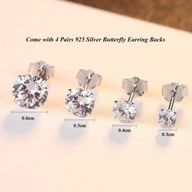 Deyanse Silver Stud Earrings for Women, 4 Pairs 925 Sterling Silver Stud Earrings Set, Unisex Small Sleeper Cartilage Cubic Zircon Stud Earrings for Multiple Piercings, Size: 3, 4, 5, 6mm