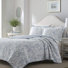 3 Piece French Country Style Blue White Quilt, Beautiful Botanical and Floral Nature Design Cozy Texture Reversible Shabby Chic Bedding Sets King, Romantic Look Coastal Cotton Quilt Farmhouse Bedding