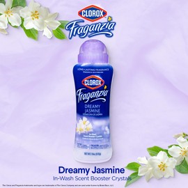 Clorox Fraganzia Laundry Scent Booster Crystals, In-Wash Fragrance Beads for Fresh-Smelling Clothes & Linens, Safe for All Fabrics & Colors, Easy-Pour Bottle, Dreamy Jasmine Scent, 18 Oz, 2 Pack