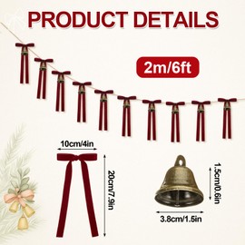 Burgundy Christmas Jingle Bell Garland with Velvet Bows Vintage Ribbon Bows Bells Banner 6 ft Christmas Hanging Ornaments Rustic Decor for Xmas Tree Home Mantel Fireplace Wall Staircase