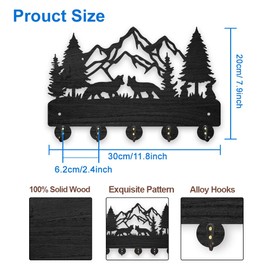 MAYJOYDIY Wooden Coat Hook Fox Mountain Forest Wall Mounted Key Holder for Wall 30 x 20 cm Forest Animal Tree Key Holder with 5 Alloy Hooks Decorative Key Hook for Gift Kitchen