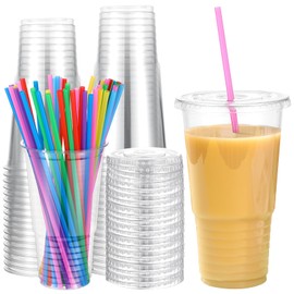 Ziliny 50sets 32 oz Clear Plastic Cups with Lids and Straws Disposable Clear Thickened Pet Plastic Drinking Cups for Cold Drinks, Iced Coffee, Milkshakes, Smoothies, Dessert (Multicolor)