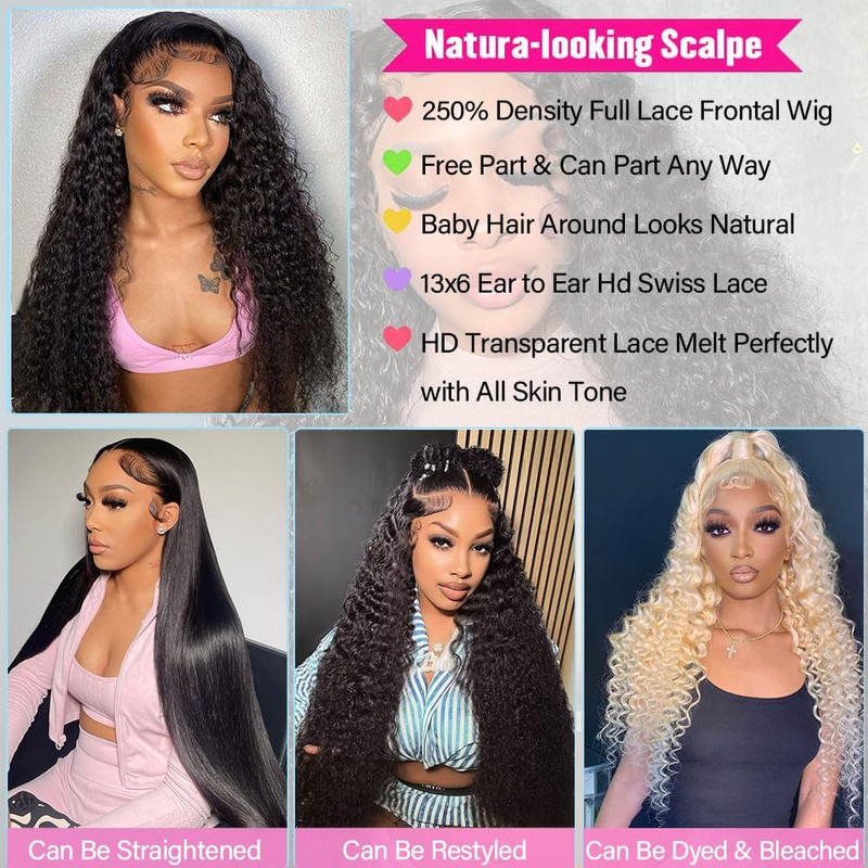 KRKRYQ 32 Inch 250% Density Deep Wave Lace Front Wigs