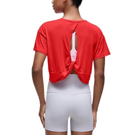CRZ YOGA Open Back Short Sleeve Crop Top for Women Loose Athletic Yoga Workout Shirts Casual Cropped T-Shirts Deep Red Large
