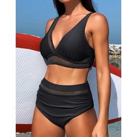 Suvimuga Women High Waisted Bikini Set Mesh Tummy Control Bathing Suits V Neck Ruched Two Piece Swimsuits Black L
