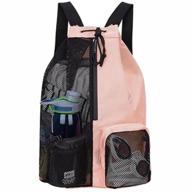 Drawstring Gym Bags with Zipper Pocket Swimming Drawstring Bag Backpack with Wet Pockets Beach Storage Backpacks Folding Into Pouch Mesh Swim Equipment Beach Bag for Swimming Gym and Workout Gear