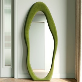 Honyee Full Length Mirror, 63" x 24" Wall Mirror, Flannel Wrapped Wooden Frame Floor Mirror, Irregular Wavy Mirror Hanging or Leaning Against Wall for Cloakroom/Bedroom/Living Room, Green