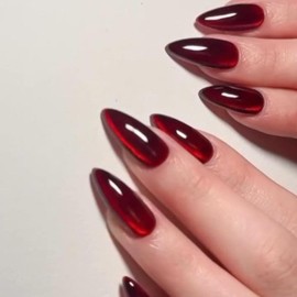 Red False Nails - 30pcs Cat Eye Design Stick on Nails - Medium Length Red Press on Nails in 12 Sizes - Almond Fake Nails with Glue - Stiletto French Tip False Nails - Burgundy Glue on Nails for Women